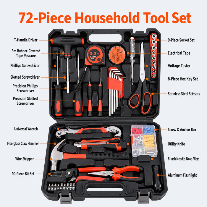 Multi-Purpose Household Tool Set with Tool Box