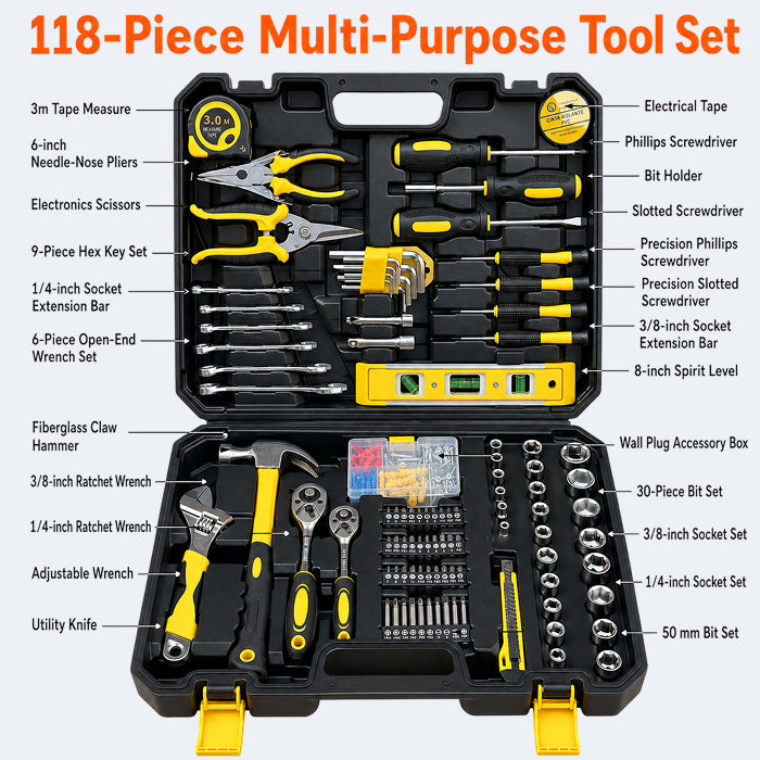 Multi-Purpose Household Tool Set with Tool Box